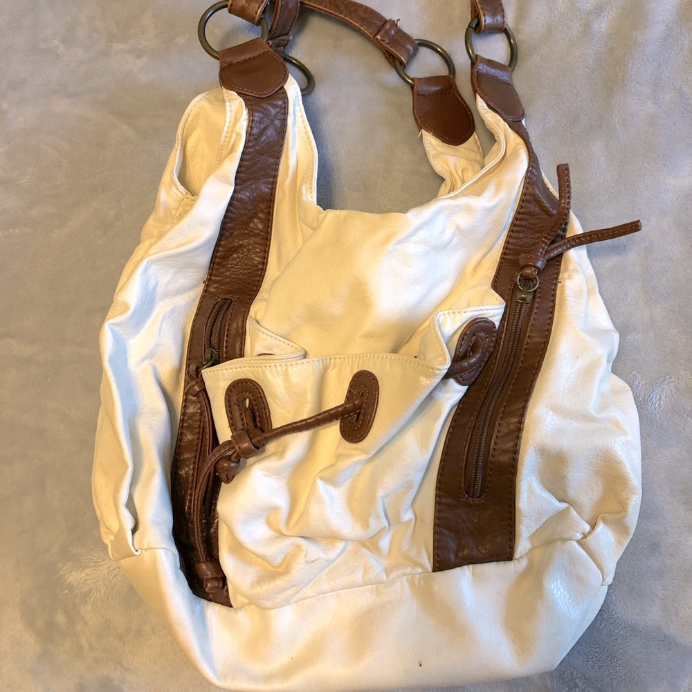White and brown leather purse